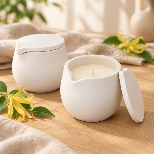 Bougie de massage Amarïe dans son pot blanc à bec verseur, ouverte et fermée, avec fleurs d'ylang-ylang
