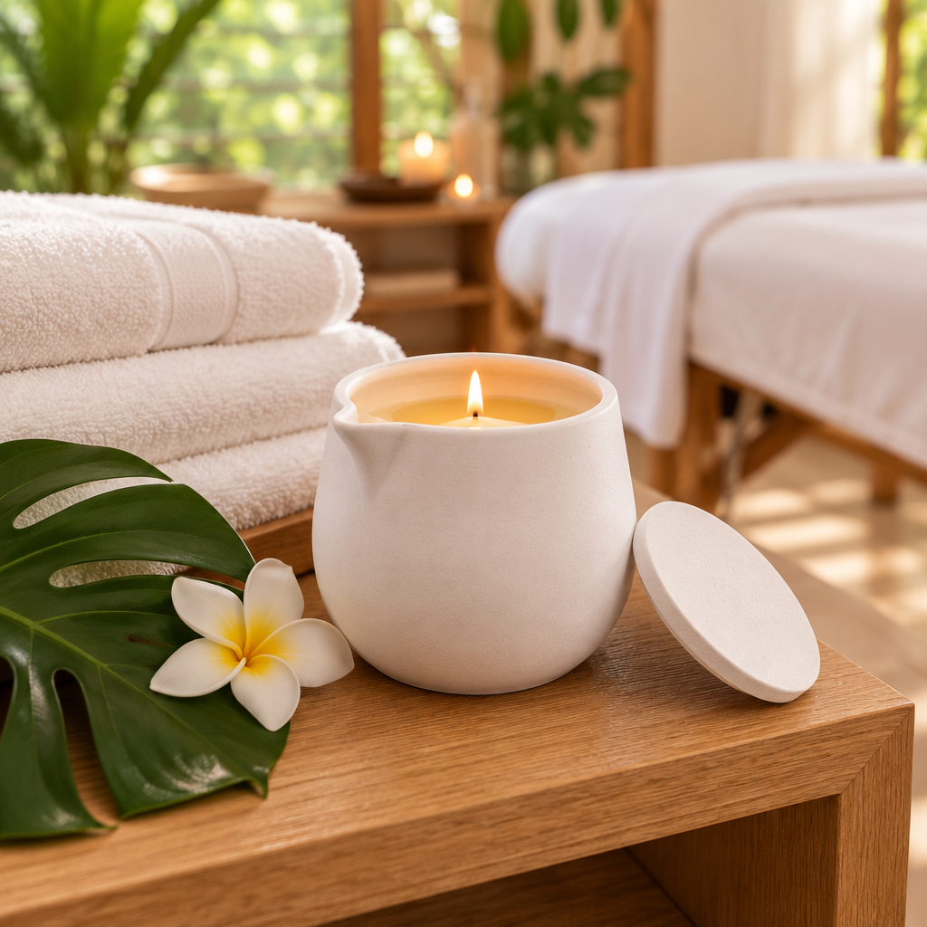 Bougie de massage Amarïe allumée en cabine de soin, près d'une table de massage