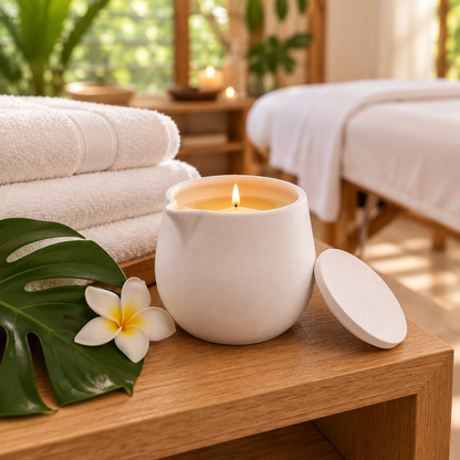 Bougie de massage Amarïe allumée en cabine de soin, près d'une table de massage