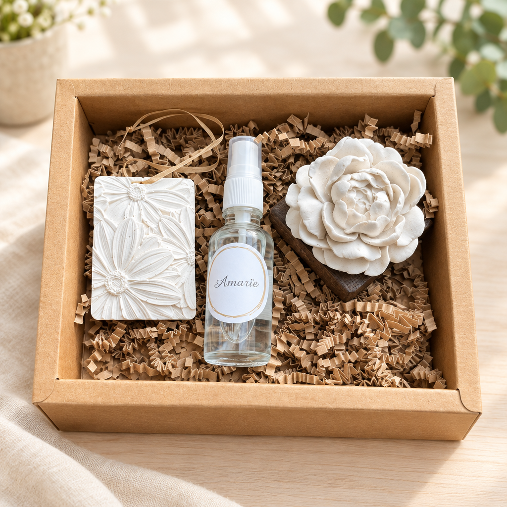 Coffret parfumé avec fleur diffuseur et suspension en jesmonite, parfum d’ambiance, présenté dans une boîte kraft